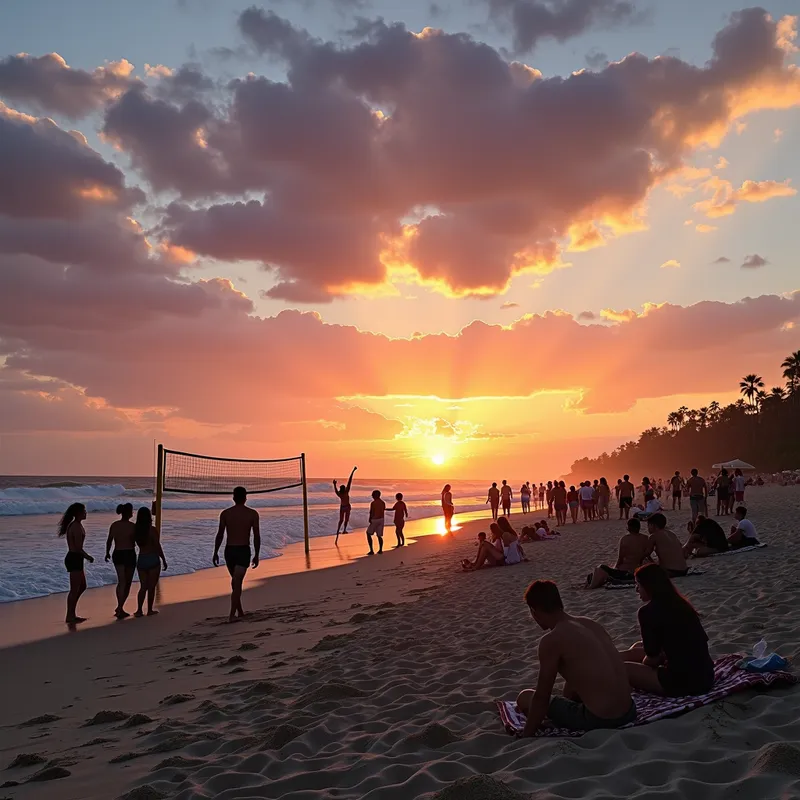Sunset Beach Bliss - People at the beach in the evening, enjoying the sunset. The sky is painted with vibrant hues of orange, pink, and purple. Some people are playing volleyball, others are walking along the shore, and a few are sitting on beach towels, watching the sun dip below the horizon. The ocean waves gently lap against the sand, creating a serene and picturesque atmosphere. - AI image generated with Photorealistic 2