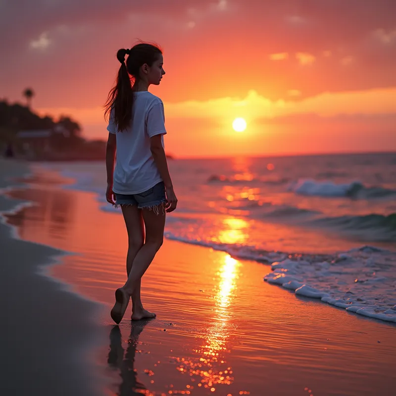 Sunset Beach Stroll - A vibrant sunset at the beach with a stylish teen girl walking along the shore, enjoying the warm colors of the setting sun. - AI image generated with Photorealistic 2