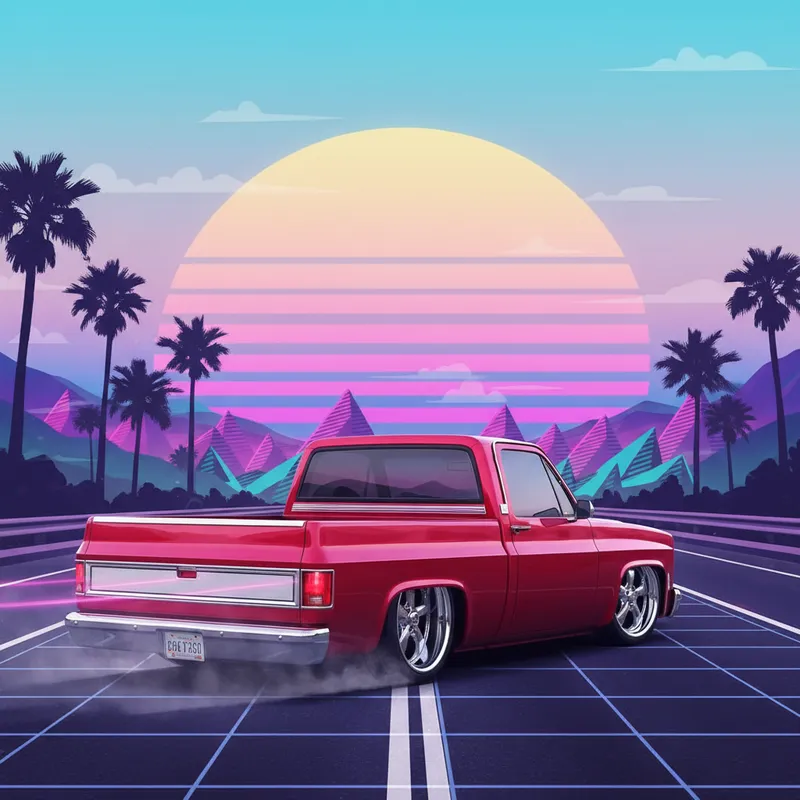 Sunset Boulevard - A lowered squarebody truck captured in motion against the backdrop of a retro 90s sunset, with pastel colors blending in the sky. - AI image generated with Nano Banana