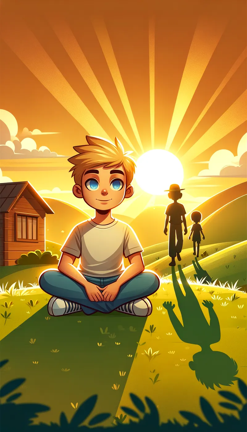 Sunset Contemplation - The Hidden Leaf Village basks in the golden hues of a peaceful sunset. On a grassy hill, Naruto sits with crossed legs, appearing calm and thoughtful. The silhouettes of Sasuke and Sakura walking toward him can be seen behind him. The warm, golden sunlight enhances Naruto's introspective mood, Sasuke's cool reserve, and Sakura's determined stride. - AI image generated with Art - cartoony