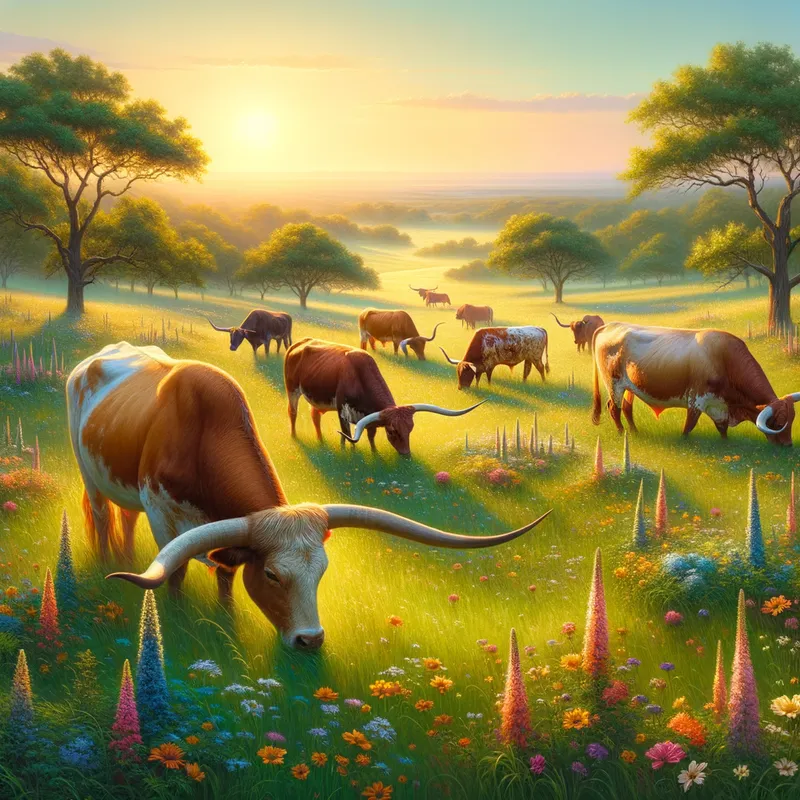 Sunset Grazing: Majestic Longhorns - A serene meadow with lush green grass and wildflowers, where a group of majestic Texas Longhorns graze peacefully. The sky is clear with a warm, golden sunset casting a gentle glow over the landscape. The Longhorns, with their distinctive long horns and rugged coats, add a sense of tranquility and natural beauty to the scene. - AI image generated with Art
