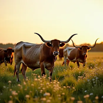 Sunset Grazing: Majestic Longhorns