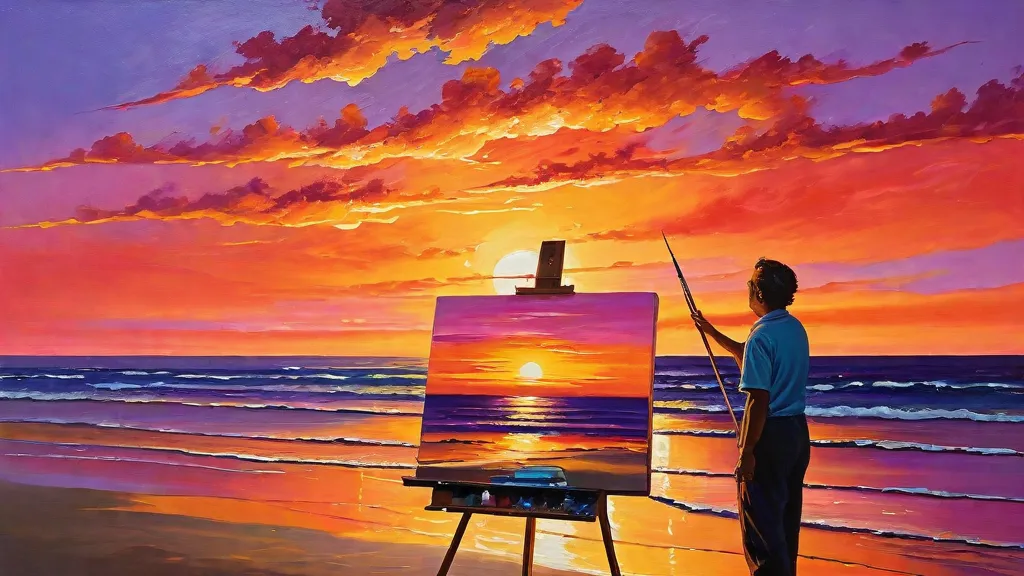 Sunset Masterpiece Creation - A skilled artist stands before a canvas, painting a breathtaking sunset with vibrant strokes. The golden hues of the setting sun blend seamlessly into fiery oranges, deep purples, and soft pinks. Their brush glides across the canvas, capturing the glowing reflection on the tranquil ocean waves below. Light filters through the studio window, casting a warm glow on the artist’s focused expression. The scene exudes creativity, serenity, and the magic of artistic inspiration.
