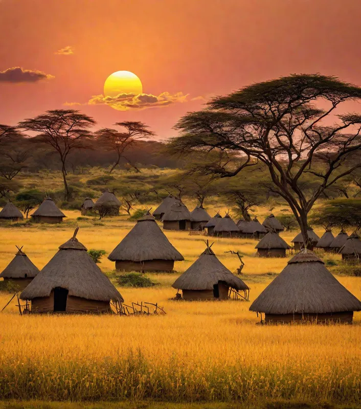 Sunset Over African Huts - african huts in sunset - AI image generated with Photorealistic