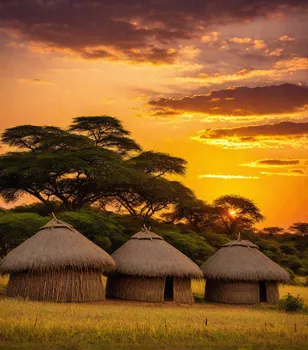 Sunset Over African Huts