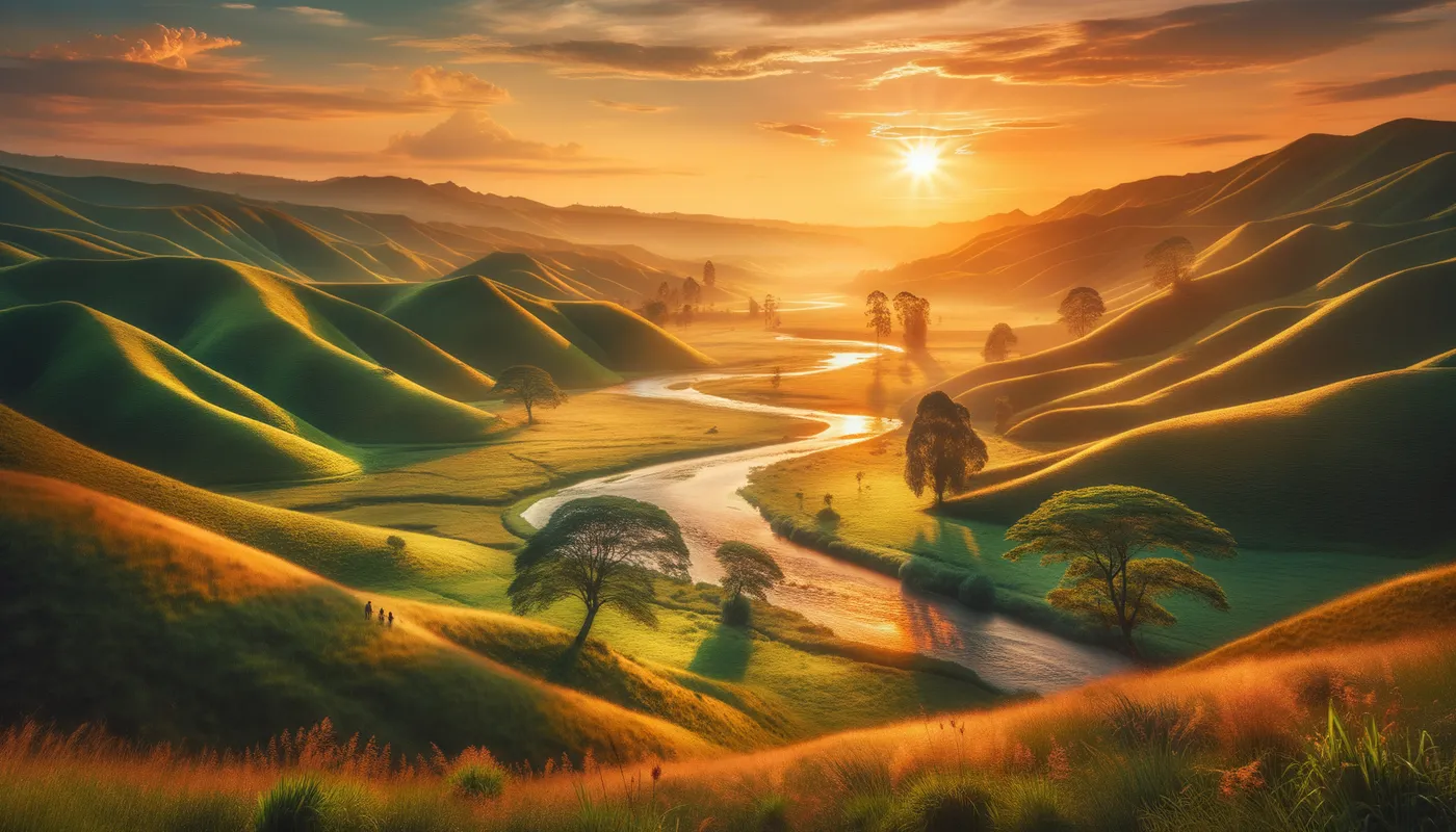 Sunset Over Rolling Hills - A beautiful scenery featuring a golden sunset casting warm hues over rolling hills covered in lush green grass, with a few trees standing tall and a serene river flowing through the landscape. - AI image generated with Art