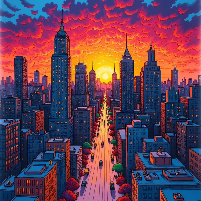 Sunset Over the Metropolis - A bustling metropolis depicted in three point perspective at twilight, with a vibrant sunset painting the sky in brilliant shades of red, orange, and magenta. The city streets and skyscrapers are adorned with intricate zentangle designs, all rendered with the smooth, colorful strokes of alcohol markers. - AI image generated with Photorealistic 2 - doodle, Matisse