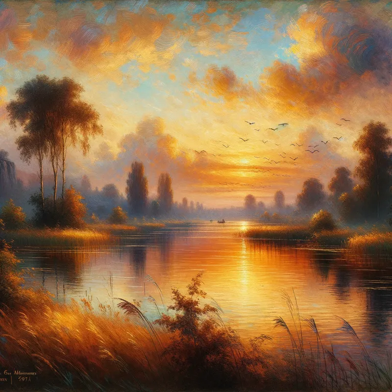 Sunset Reflection - An idyllic landscape with a calm lake reflecting the vibrant colors of a golden sunset, dotted with silhouettes of distant birds returning home. - AI image generated with Art - Claude Monet painting