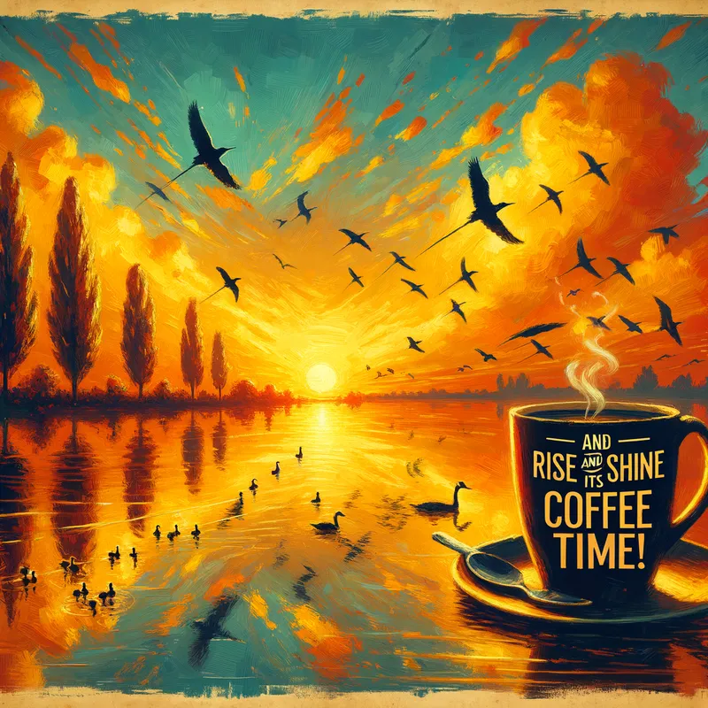 Sunset Reflections - An idyllic landscape with a calm lake reflecting the vibrant colors of a golden sunset, dotted with silhouettes of distant birds returning home and huge cup of coffee that says RISE AND SHINE ITS COFFEE TIME!  - AI image generated with Art - Claude Monet painting