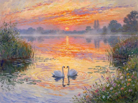 Sunset Reflection with Swans