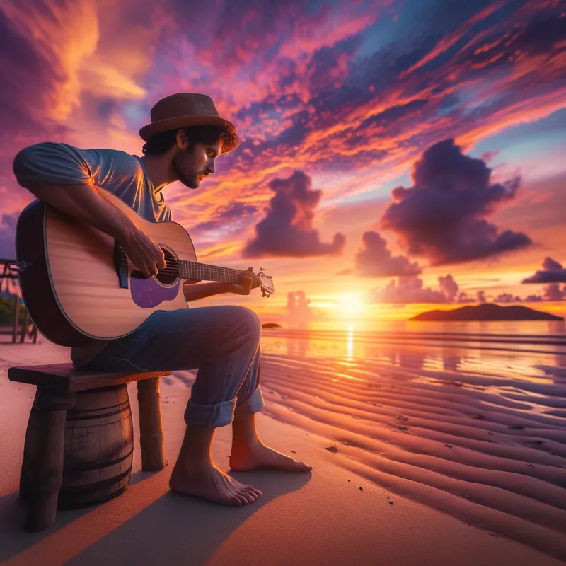 Sunset Serenade - A musician playing an acoustic guitar on a beach with a stunning sunset in the background, the sky painted with brilliant hues of orange, pink, and purple. - AI image generated with Art