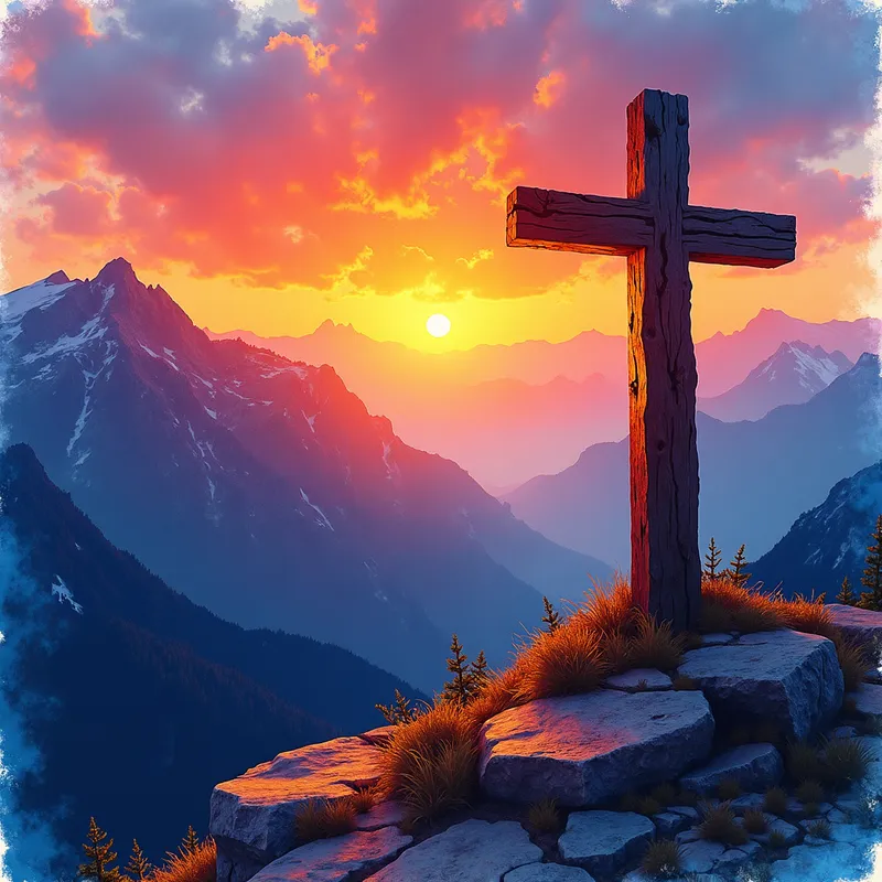 Sunset Serenity - A beautiful wooden cross stands on the left side of a mountain. The colors of the sunset sky reflect in a very abstract and vibrant manner, with transparent and beautiful hues blending into one another. - AI image generated with Photorealistic 2 - alcohol ink, vivid colors
