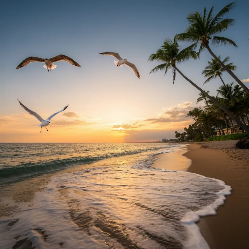 Sunset Serenity by the Beach - A photo-realistic image of a serene beach at sunset, with gentle waves lapping at the shore, palm trees swaying in the breeze, and a few seagulls flying in the sky. - AI image generated with Imagen 3