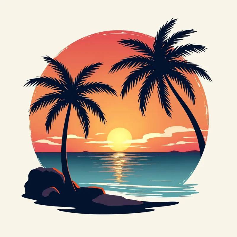 Sunset Shoreline Fashion Logo - An elegant logo for a clothing company that captures the beauty of a summer sunset on the beach. Include silhouettes of palm trees, a setting sun casting beautiful hues across the sky, and gentle waves lapping the shore. - AI image generated with Text