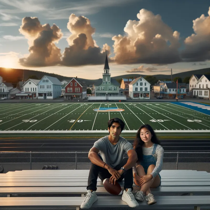 Sunset on the Bleachers - A young adult boy and girl sitting on the bleachers of a wide football field, surrounded by small town buildings in the background, as the sun sets over a cloudy sky. - AI image generated with Art