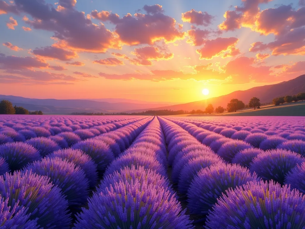 Sunset over Lavender Fields - A beautiful painting depicting a sunset over vast lavender fields, with vibrant purple flowers contrasting against the warm, golden hues of the setting sun. - AI image generated with Photorealistic 2