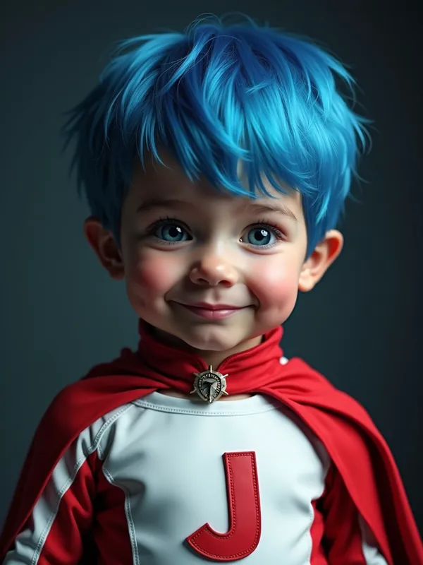 Super Jared in Action - A hyper-realistic, hyper-detailed image of a 3-year-old boy named Jared with blue hair. He is wearing a red cape and a super sleek white leather one-piece racing suit with a red 'J' insignia on the left chest. He is looking a bit shy, showing a slight smile for the camera. The photo is captured with a DSLR Canon EOS R5 using an 85mm portrait lens for a cinematic bokeh effect in a master shot. The atmosphere is dark and mysterious, inspired by the style of Christopher Nolan. - AI image generated with Photorealistic 2