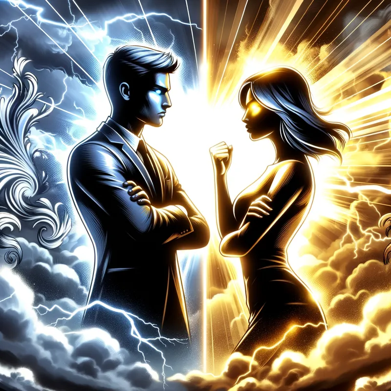 Supremacy in Shadows - An emotionally charged encounter filled with visual motifs of power and conflict. Romen's silhouette is bathed in a silvery glow while Lustrous radiates golden energy, creating a visually stunning contrast that accentuates their rivalry amidst stormy clouds. - AI image generated with Art - lens flare, cartoony