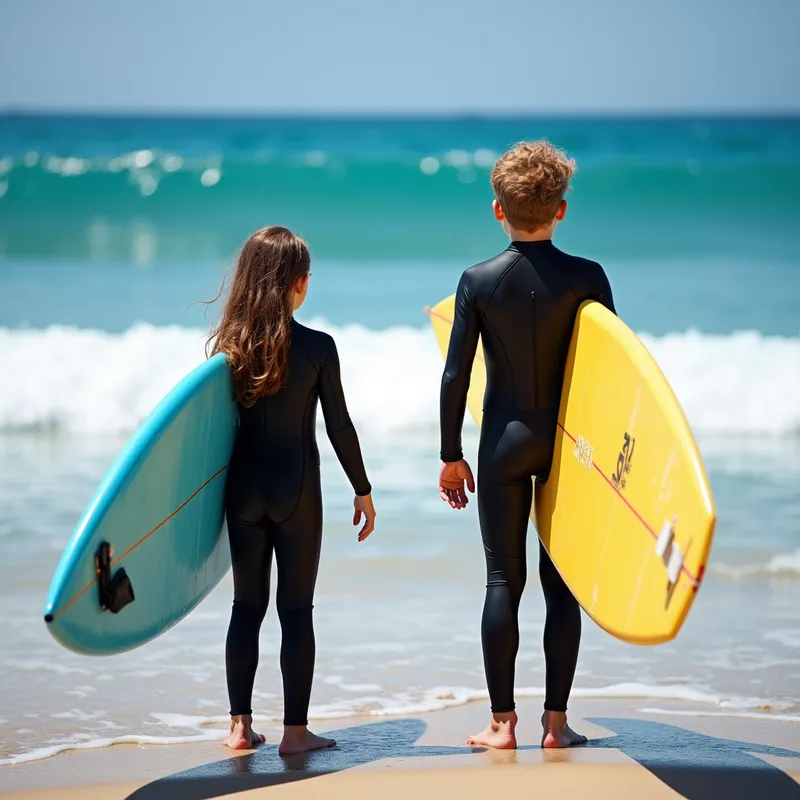 Surfing Duo - A teenage boy and girl in wetsuits holding surfboards, standing on the beach with the vibrant blue ocean behind them and ready to catch some waves. - AI image generated with Photorealistic 2