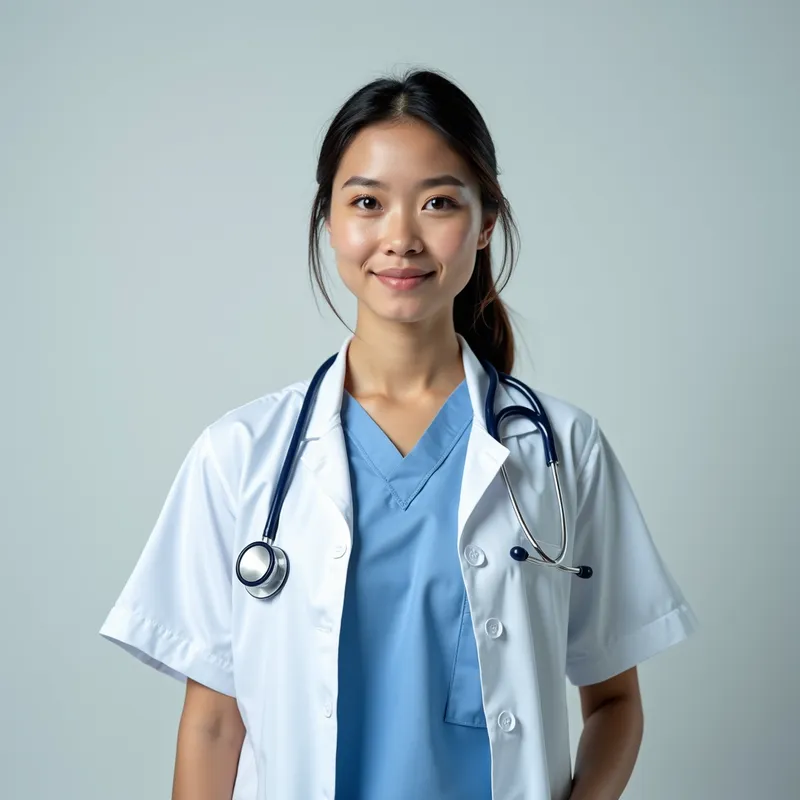 Surgical Nurse in Action - A nurse dressed in surgical attire with a lab coat over it and a stethoscope around the neck, full-body image - AI image generated with Photorealistic 2
