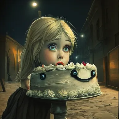 Surprised Blonde Girl, Cake Gaze - A white girl with blonde hair and blue eyes looks at a large cake with a surprised face and a half smile - Luis Royo, copper relief, deserted street at night