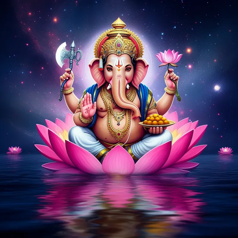 Surreal Cosmic Lord Ganesha - Illustrate a surreal, vibrant scene of Lord Ganesha seated on a glowing pink lotus floating in a cosmic ocean. The water reflects galaxies and stars, creating a mesmerizing effect. Ganesha's four arms hold a glowing ethereal axe, a luminous lotus flower, a golden platter of sweets, and a blessing hand emitting soft light. Semi-transparent and glowing, his form is adorned with intricate golden jewelry and a majestic ornate crown with vibrant jewel tones. The background features vast celestial patterns, nebulas, and glowing orbs, blending traditional Indian motifs with cosmic surrealism. Dreamlike lotus flowers and shimmering constellations enhance the mystical tone. - AI image generated with Imagen 3