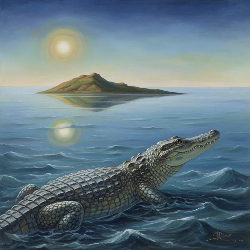 Surreal Crocodile Gazes at Distant Isle - A crocodile far out in the sea looking at an island - AI image generated with Flux 2 - abstract, Salvador Dali