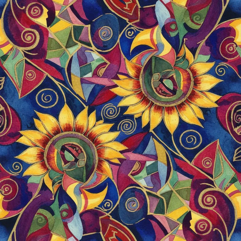 Surreal Dali-Picasso Watercolor Bloom - Create an engaging and surreal wallpaper pattern that merges the dreamlike qualities of Salvador Dalí with the abstract, fragmented style of Picasso. The design should encompass the following elements:**
**Visual Style:**
- Bold, vibrant background featuring deep, contrasting colors like vivid crimson, sapphire blue, and citrus yellow.
- Abstract and distorted botanical motifs: oversized, stylized flowers, asymmetrical leaves, and geometric tendrils merging seamlessly.
- A flowing yet chaotic arrangement, capturing an organic rhythm that evokes movement and surprise.
- An interplay of symmetry and abstraction, where elements intertwine in unexpected ways.
**Key Elements:**
- Delicate, swirling outlines in various hues, adding depth and intrigue to each shape with varied thickness.
- Intricate internal details resembling cubist forms within petals and leaves,
- AI image generated with Nano Banana - close-up macro photograph, watercolor, Van Gogh