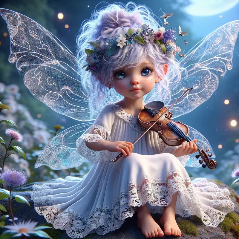 Surreal Fairy Violinist - A fantastical image in 3D-Art style featuring a sweet little fairy in a white nightgown with lace trim. She has glowing, translucent wings and tousled purple-silver hair adorned with flowers. She sits on a rock playing the violin under a faintly twinkling moon. Her watery blue eyes gaze into the camera. The background is filled with small flowers, fireflies, and a mystical forest. - AI image generated with Art