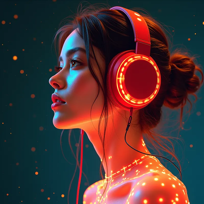 Surreal Fantasy: Vibrant Music Maven - glowing young woman wearing red music headphones - AI image generated with Photorealistic 2 - dynamic pose, vivid colors, surrealismus