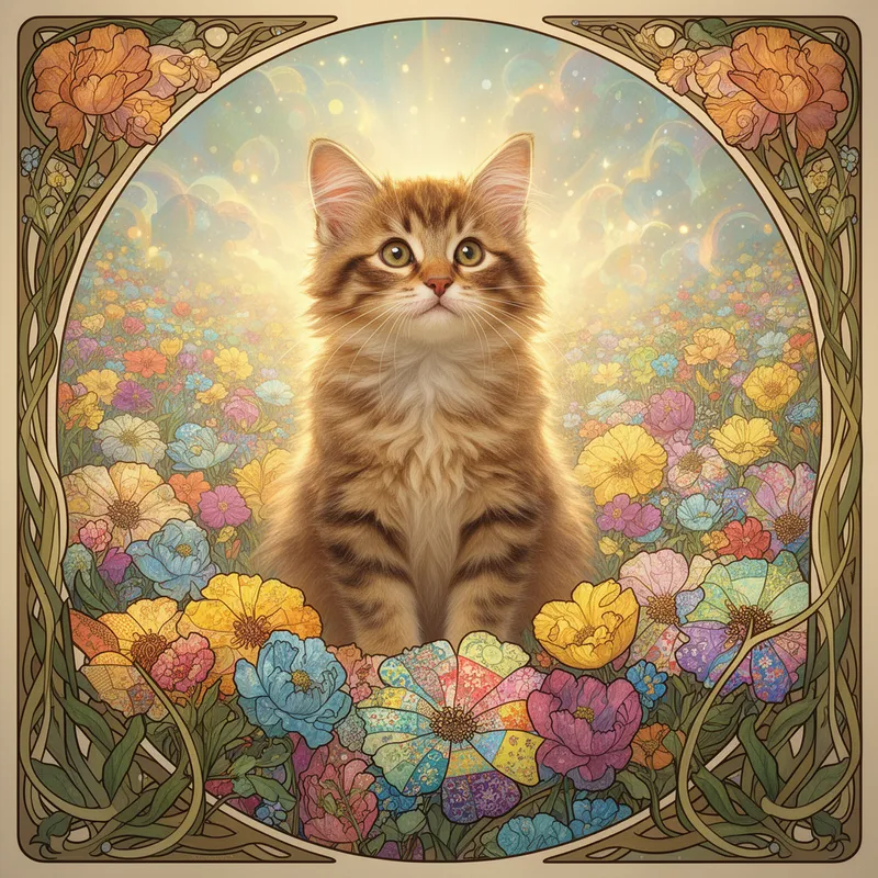 Surreal Floral Cat Reverie - A surreal and highly detailed image of a very attractive cute cat emerging from a kaleidoscopic field of vibrant patchwork flowers. Created in an Art Nouveau style inspired by Alphonse Mucha, with intricate linework, elaborate floral ornamentation, ethereal illumination, and intense lighting contrasts. Beautiful bright colors, soothing tones, magical fantasy mood, and a dreamlike glowing ambiance in high resolution. - AI image generated with Flux 2