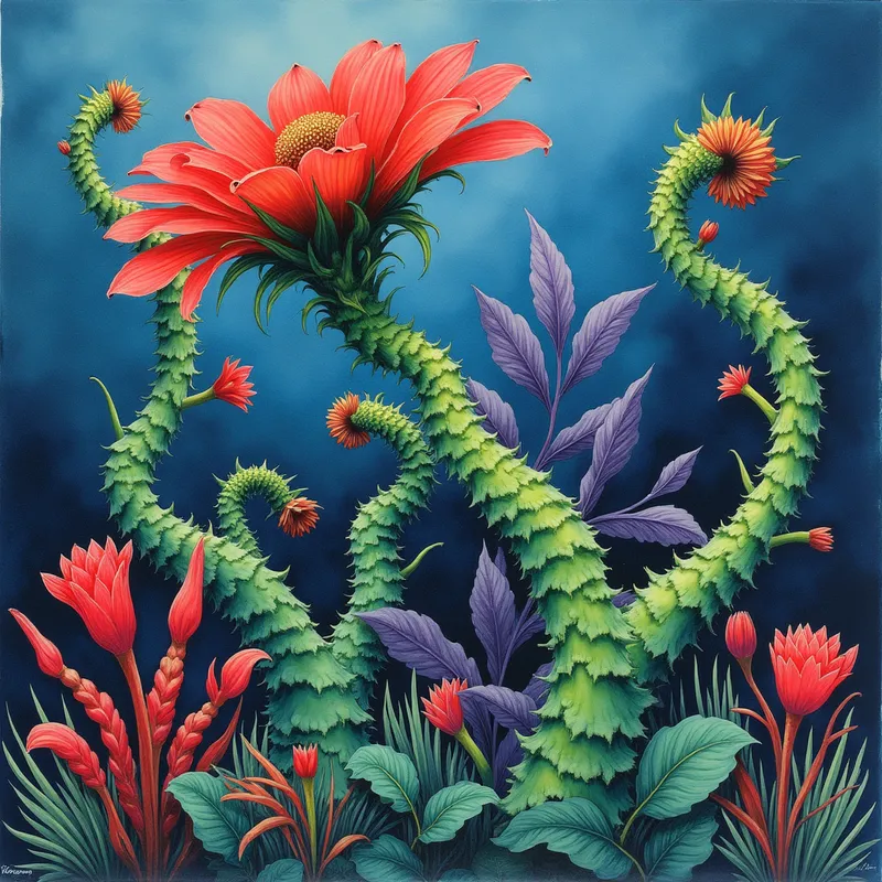 Surreal Florascape - An imaginative florascape where leaves spiral unnaturally and flowers grow in exaggerated, impossible shapes. Each plant element contrasts sharply in color—crimson petals, lime green stems, and indigo leaves—set against a deep blue, misty background, evoking a pop surrealism effect. - AI image generated with Photorealistic 2 - aquarelle, watercolor, Giger