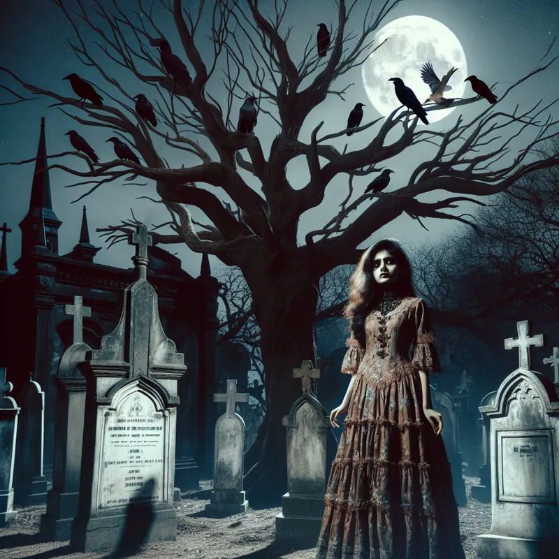 Surreal Girl by Tree in Dark Cemetery - A girl standing near a creepy, leafless tree in a cemetery - AI image generated with DALL-E 3 - dark tones, surrealismus