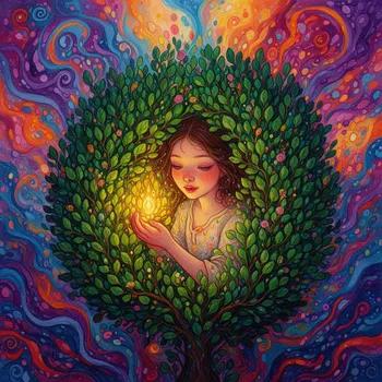 Surreal Girl with Golden Light in Bush