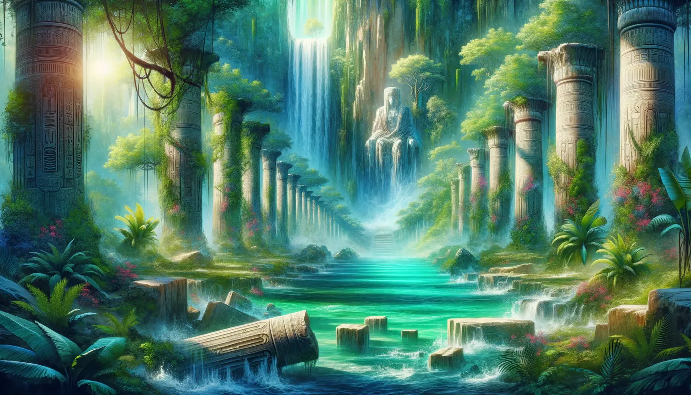 Surreal Jungle Waterfall Ruins - Create an epic background involving a jungle scene with waterfalls and fallen pillars from an ancient Egyptian temple. - AI image generated with Art - aquarelle, sketching, master shot
