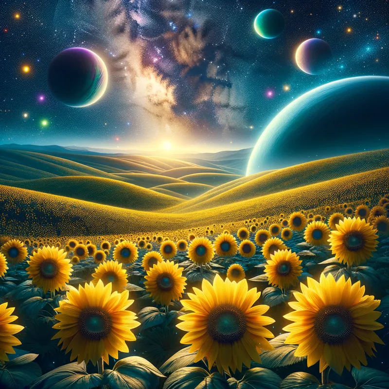 Surreal Space Sunflower Hills - A surreal space planet landscape filled with vibrant yellow sunflowers, under a mesmerizing starry sky. The sunflowers stretch out across rolling hills, while distant planets and stars twinkle in the night sky, creating a magical and otherworldly atmosphere. - AI image generated with Art