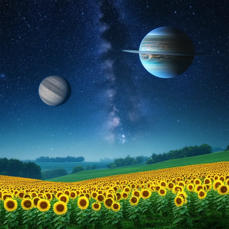 Surreal Space Sunflower Hills - A surreal space planet landscape filled with vibrant yellow sunflowers, under a mesmerizing starry sky. The sunflowers stretch out across rolling hills, while distant planets and stars twinkle in the night sky, creating a magical and otherworldly atmosphere.