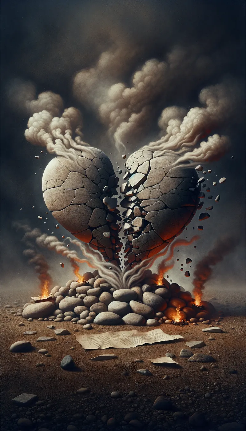 Surreal Stone Hearts - In a surreal setting, two stone hearts rest broken atop a pile of stones and pebbles. The lower parts of the hearts emit smoke, and small flames dance in the background. A sheet of paper at the bottom of the image features the inscriptions 'BARABÁS ZOLTÁN' and 'A LELKEK HÁBORÚJA'. - AI image generated with Art