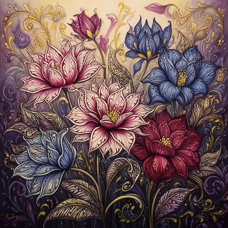 Surreal Wine and Blueberry Blossoms - An ornate painted composition of intricate zentangle flowers with fantastical styling, rendered in vibrant ivory, red-purple, blueberry, and deep wine tones with yellow accents. Fine brush-stroke outlines define every petal, while the surrounding leaves and stems display complex zentangle patterns. Surreal scrollwork and filigree elements weave through the scene, creating an elegant and whimsical garden illuminated by dynamic lighting that reveals every intricate detail. - AI image generated with Flux 2