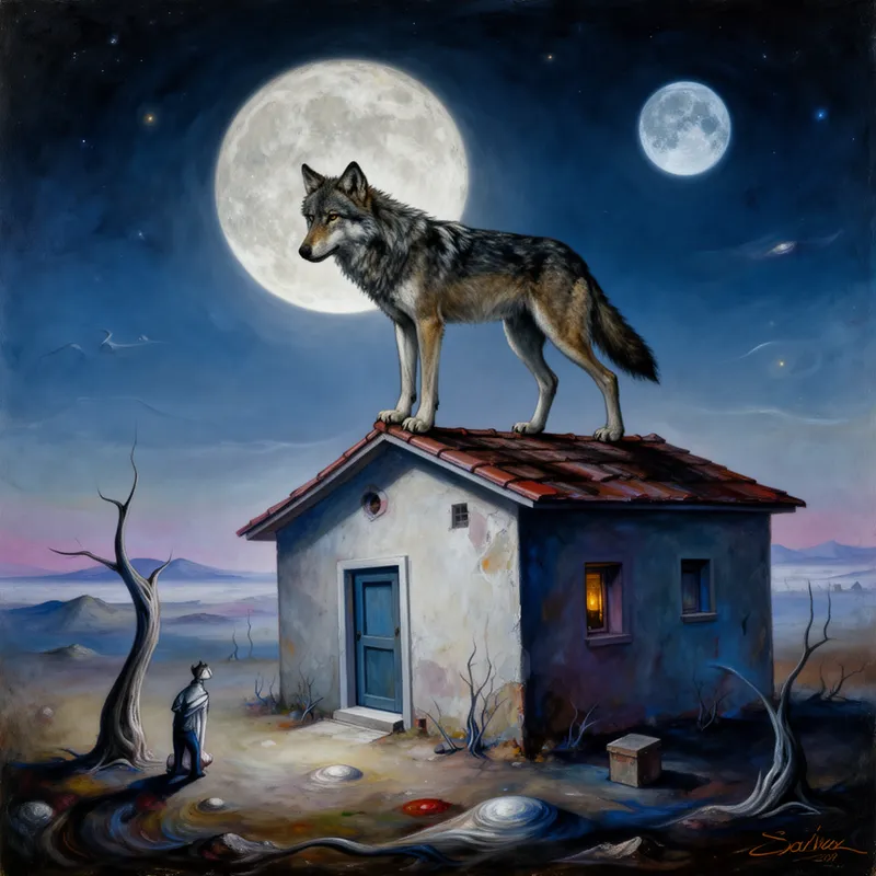 Surreal Wolf on Rooftop Under Full Moon - A wolf standing on the roof of a house at night under a full moon - AI image generated with Flux 2 - abstract, surrealismus, Salvador Dali