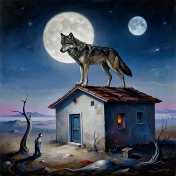 Surreal Wolf on Rooftop Under Full Moon