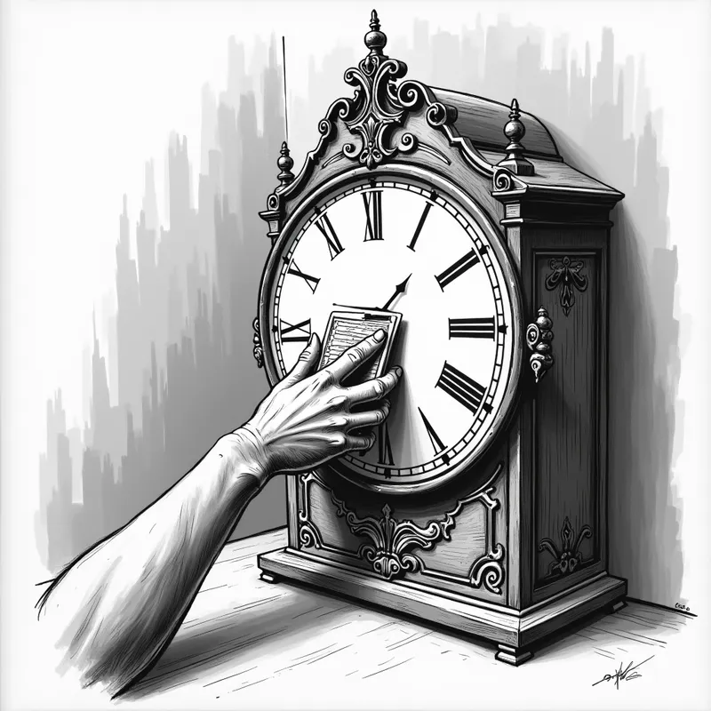 Surreal Workplace Clock Punch-In - An artistic black-and-white sketch showing a large, ornate time clock from the 1930s. A disproportionately dark and elongated hand presses a time card into the machine, with shadows cascading across the background. - AI image generated with Photorealistic 2 - minimalist line art