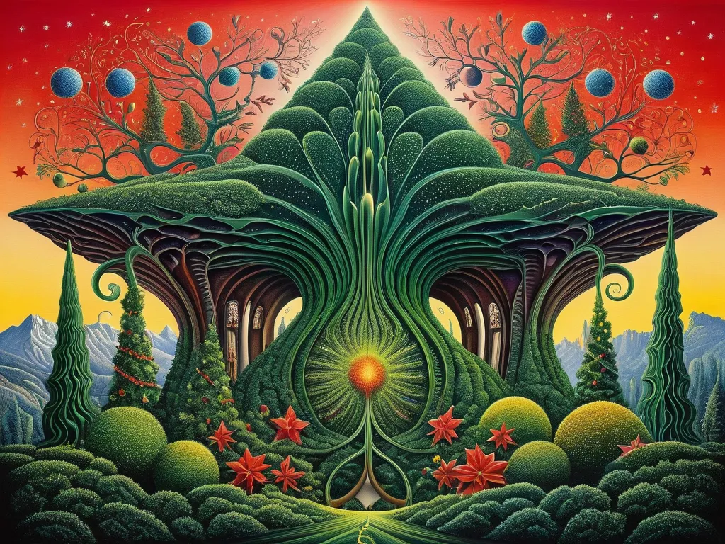 Surreal Yuletide Flora Masterpiece - A visually striking image of the fusion of Christmas elements as represented by surreal flora, creating a harmonious and thought-provoking synthesis. stippling drawing, vivid colors, picture of the day, Salvador Dali, Giger - AI image generated with Fictional
