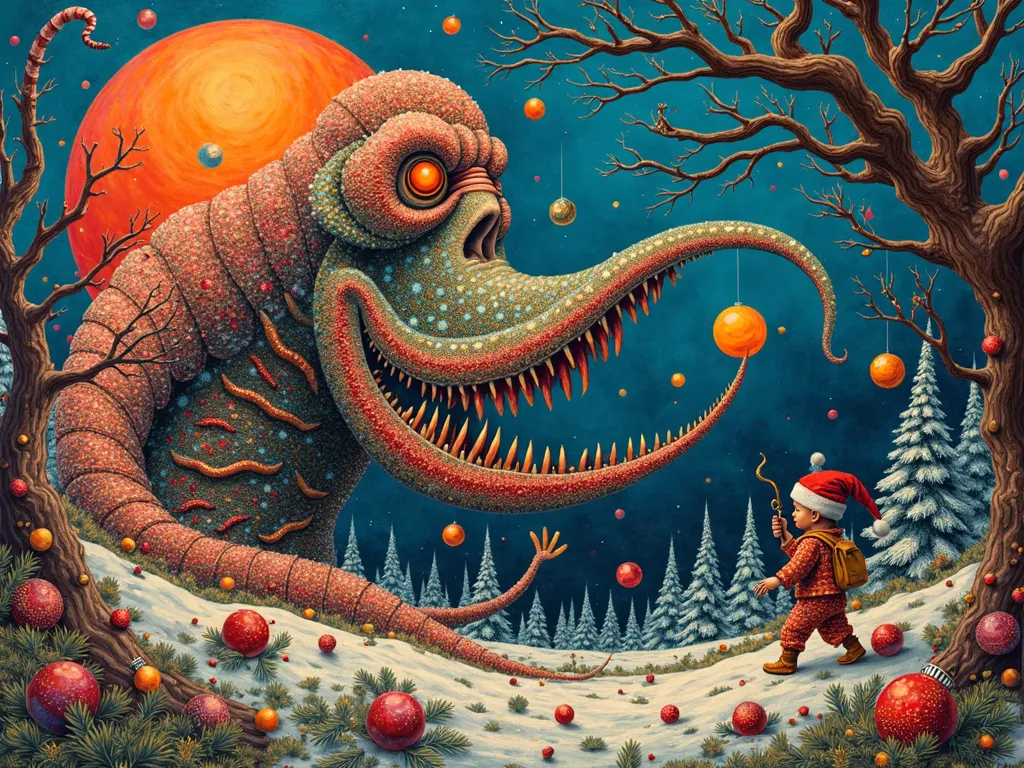 Surreal Yuletide Flora Masterpiece - A visually striking image of the fusion of Christmas elements as represented by surreal flora, creating a harmonious and thought-provoking synthesis. stippling drawing, vivid colors, picture of the day, Salvador Dali, Giger  - AI image generated with Photorealistic 2