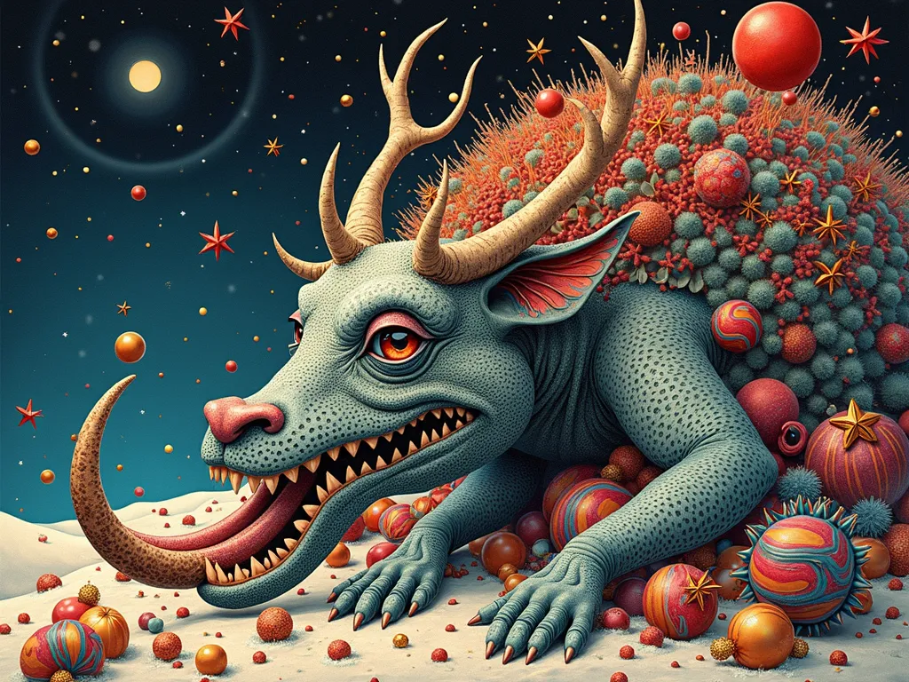 Surreal Yuletide Flora Masterpiece - A visually striking image of the fusion of Christmas elements as represented by surreal flora, creating a harmonious and thought-provoking synthesis. stippling drawing, vivid colors, picture of the day, Salvador Dali, Giger  - AI image generated with Photorealistic 2