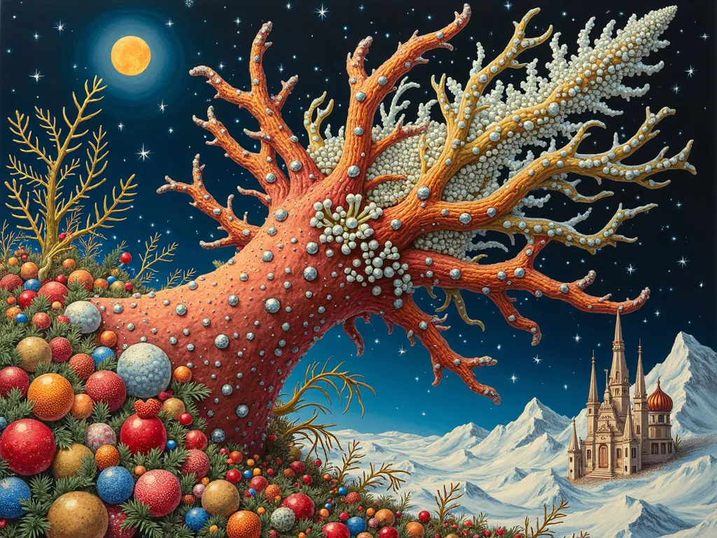 Surreal Yuletide Flora Masterpiece - A visually striking image of the fusion of Christmas elements as represented by surreal flora, creating a harmonious and thought-provoking synthesis. stippling drawing, vivid colors, picture of the day, Salvador Dali, Giger  - AI image generated with Photorealistic 2