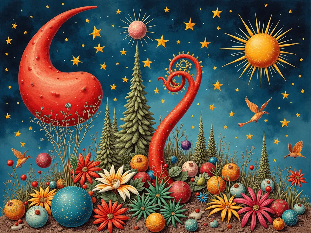 Surreal Yuletide Flora Masterpiece - A visually striking image of the fusion of Christmas elements as represented by surreal flora, creating a harmonious and thought-provoking synthesis. stippling drawing, vivid colors, picture of the day, Salvador Dali, Giger  - AI image generated with Photorealistic 2