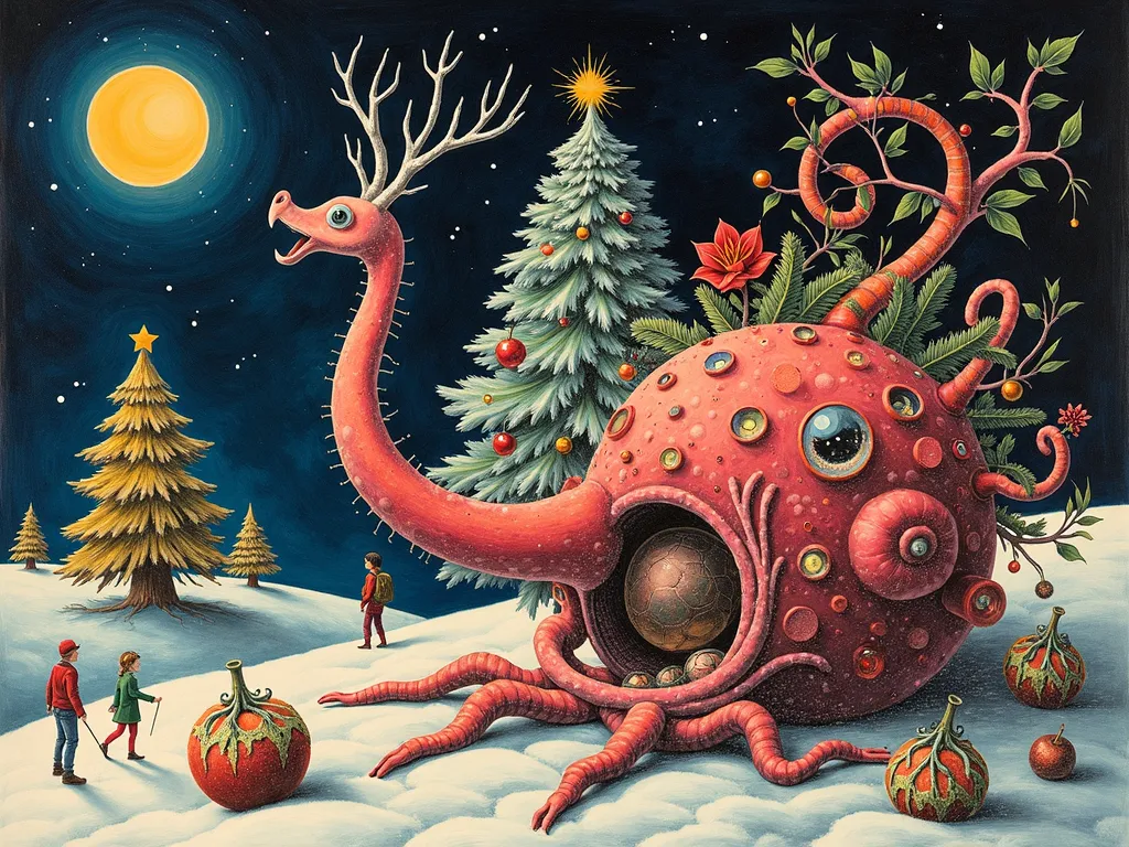Surreal Yuletide Flora Masterpiece - A visually striking image of the fusion of Christmas elements as represented by surreal flora, creating a harmonious and thought-provoking synthesis. stippling drawing, vivid colors, picture of the day, Salvador Dali, Giger  - AI image generated with Photorealistic 2