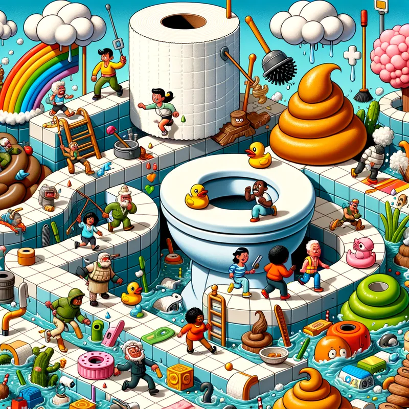 Survival in Poopy Land - A survival scenario in the 'Call of Poopy' game, with characters navigating through whimsical obstacles and hazards, filled with comical and exaggerated features. - AI image generated with Art