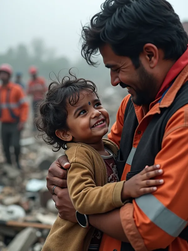 Survivor's Hope - A hyper-detailed image showing a touching moment between a rescuer and a survivor in the immediate aftermath of a disaster. The rescuer is comforting a child who has just been pulled from the debris; the child's face is dirty and tear-streaked but showing signs of relief. The surroundings are chaotic with other rescuers working in the background, lifting debris and attending to other victims. The contrast between the tender moment and the harsh environment emphasizes the resilience and hope in such dire circumstances. - AI image generated with Photorealistic 2